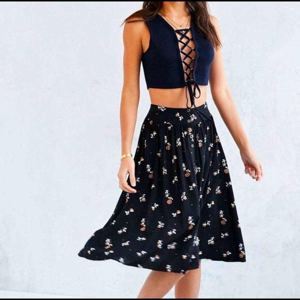 Urban Outfitters Ecoté Black Floral Button High Waisted Midi Skirt